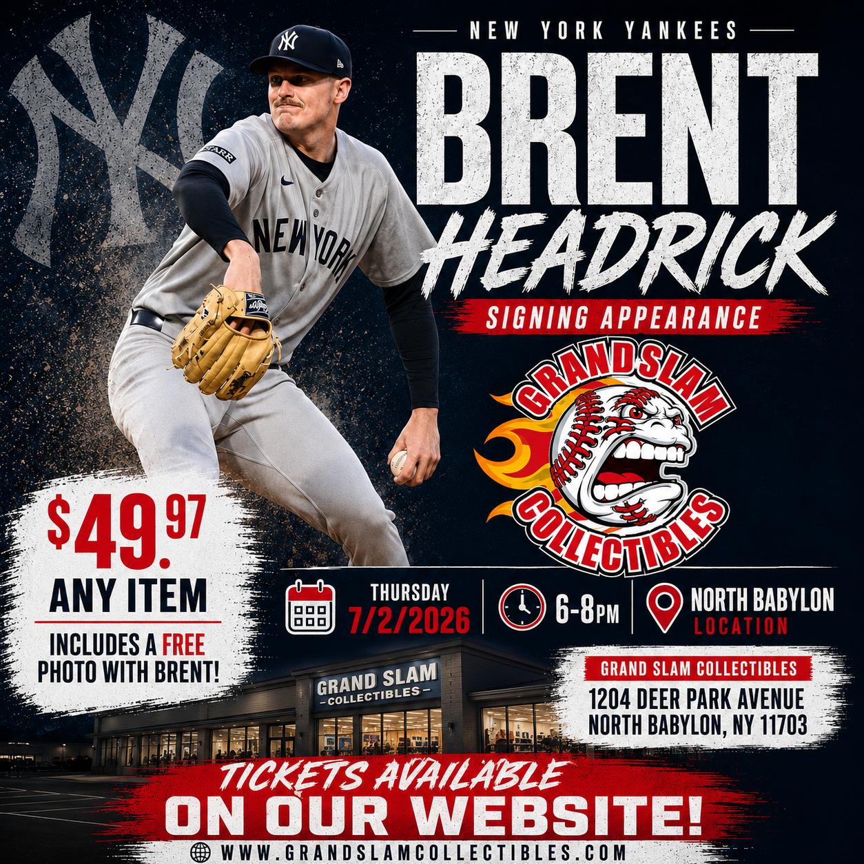 Yankees Star Brent Headrick Single Autograph Ticket (Any Item)